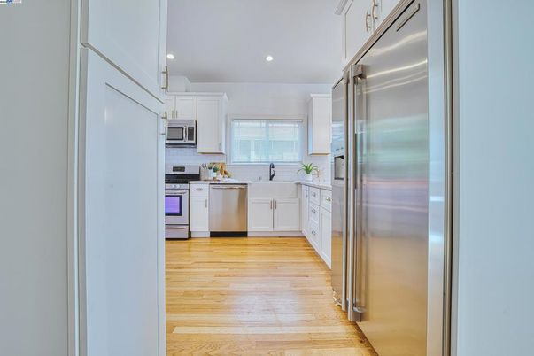 Interior, Kitchen, Recessed Lighting, Stainless Steel Appliances, Wood Texture Flooring