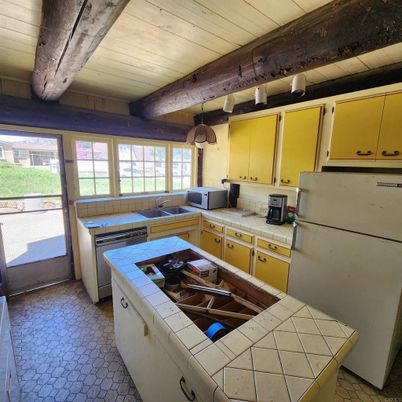 Interior, Kitchen, Pendant Lights, Tile Countertops, Wooden Beams, Wooden Ceilings