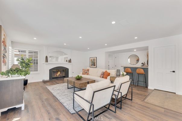 Fireplace, Interior, Living room, Recessed Lighting, Wood Texture Flooring