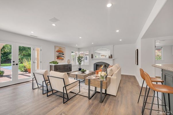 Fireplace, Interior, Living room, Recessed Lighting, Wood Texture Flooring