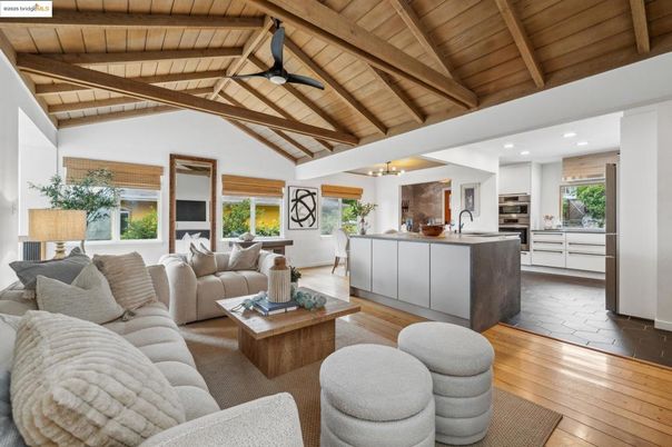 Interior, Kitchen, Living room, Recessed Lighting, Stainless Steel Appliances, Wooden Beams, Wooden Ceilings, Wood Texture Flooring