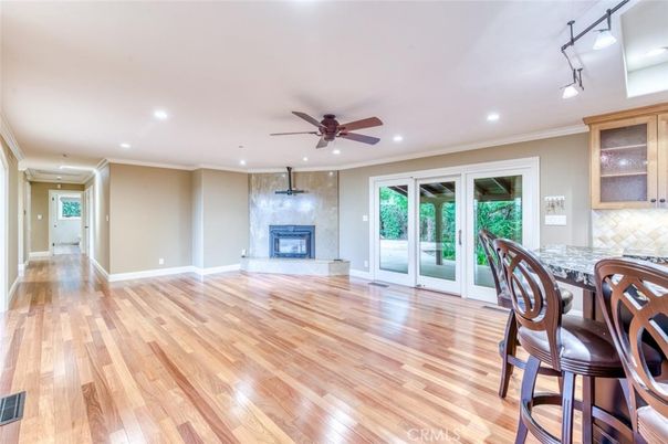 Empty room, Fireplace, Interior, Recessed Lighting, Wood Texture Flooring