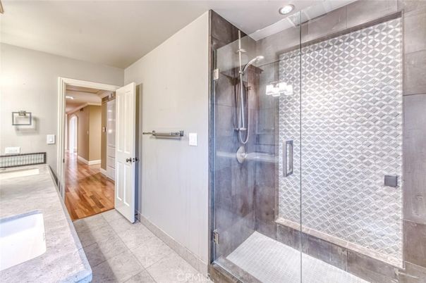Bathroom, Glass Shower, Interior, Recessed Lighting, Wood Texture Flooring