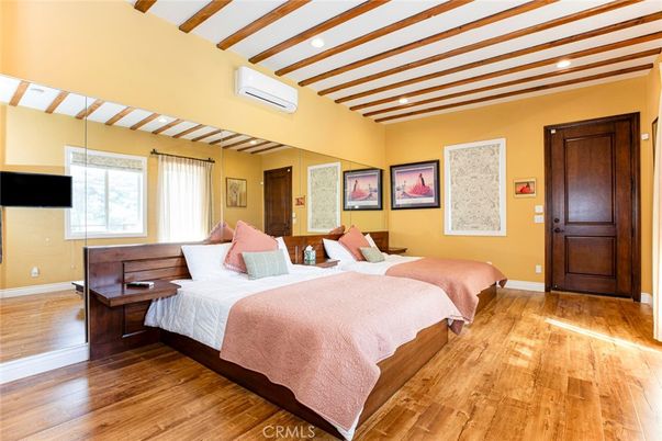 Bedroom, Interior, Recessed Lighting, Wooden Beams, Wood Texture Flooring