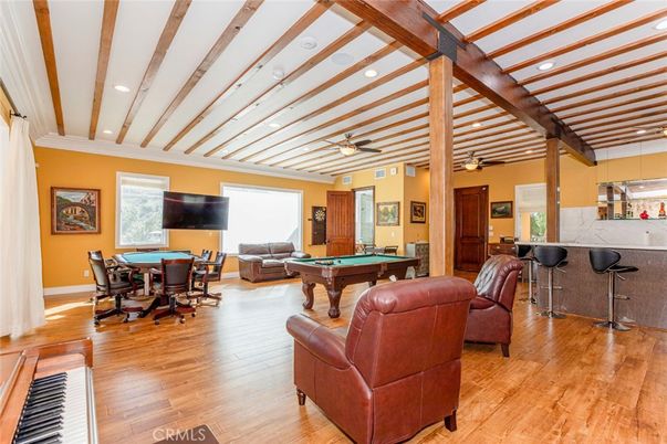 Billiard Table, Dining room, Game Room, Interior, Living room, Recessed Lighting, Wooden Beams, Wood Texture Flooring
