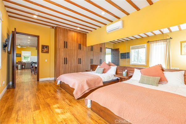 Bedroom, Interior, Recessed Lighting, Wooden Beams, Wood Texture Flooring