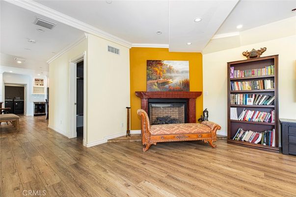 Fireplace, Interior, Recessed Lighting, Wood Texture Flooring