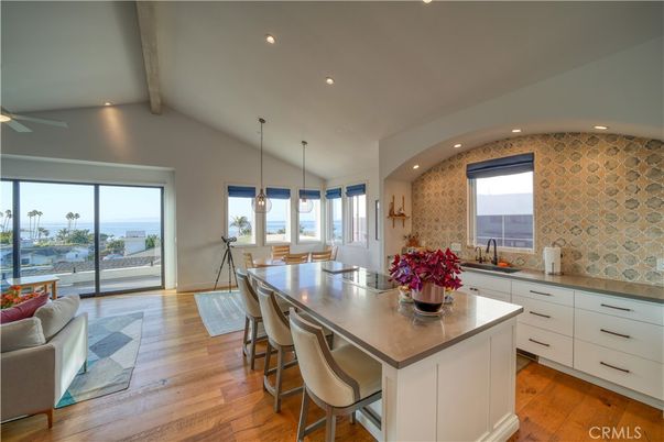Dining room, Interior, Kitchen, Pendant Lights, Recessed Lighting, Water, Wood Texture Flooring