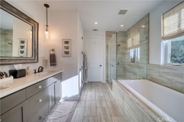Bathroom, Glass Shower, Interior, Pendant Lights, Recessed Lighting, Wood Texture Flooring