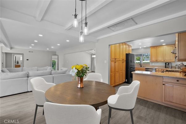 Dining room, Interior, Kitchen, Living room, Pendant Lights, Recessed Lighting, Wood Texture Flooring