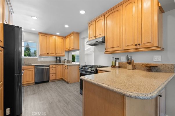 Interior, Kitchen, Recessed Lighting, Stainless Steel Appliances, Wood Texture Flooring