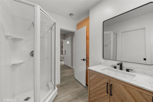 Bathroom, Glass Shower, Interior, Wood Texture Flooring