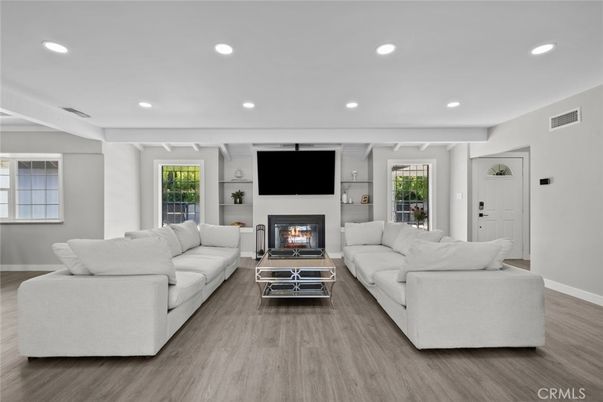 Fireplace, Interior, Living room, Recessed Lighting, Wood Texture Flooring