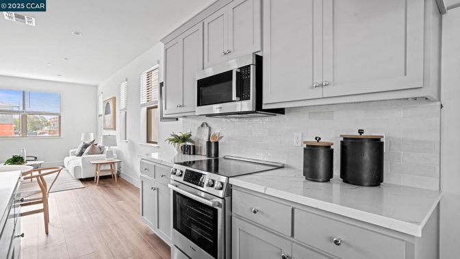 Interior, Kitchen, Living room, Recessed Lighting, Stainless Steel Appliances, Wood Texture Flooring