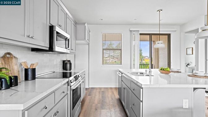 Interior, Kitchen, Pendant Lights, Recessed Lighting, Stainless Steel Appliances, Wood Texture Flooring