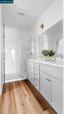 Bathroom, Dual Sink Vanities, Glass Shower, Interior, Wood Texture Flooring