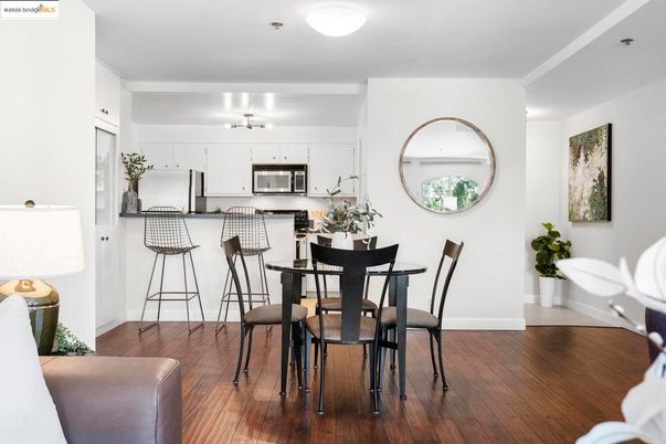 Dining room, Interior, Kitchen, Stainless Steel Appliances, Wood Texture Flooring