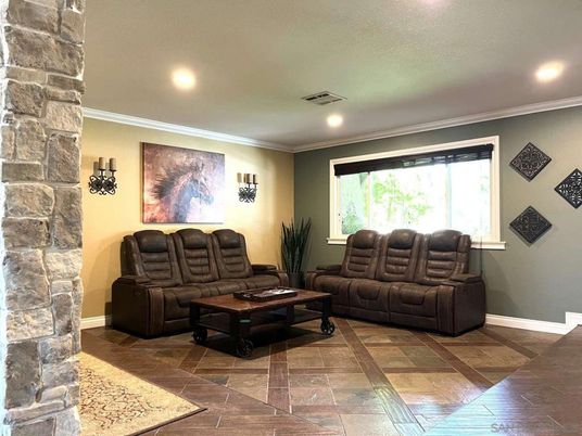 Interior, Living room, Recessed Lighting, Stone Walls