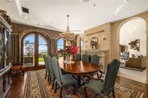 Chandelier, Dining room, Fireplace, Interior, Recessed Lighting, Wood Texture Flooring