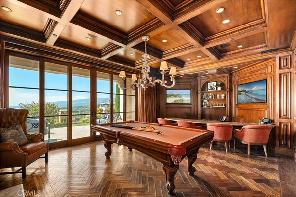 Billiard Table, Chandelier, Game Room, Interior, Recessed Lighting, Wooden Beams, Wooden Ceilings, Wood Texture Flooring, Wooden Walls