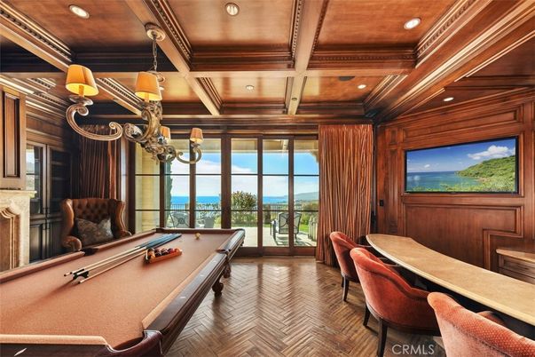 Billiard Table, Chandelier, Fireplace, Game Room, Interior, Recessed Lighting, Water, Wooden Beams, Wooden Ceilings, Wood Texture Flooring, Wooden Walls