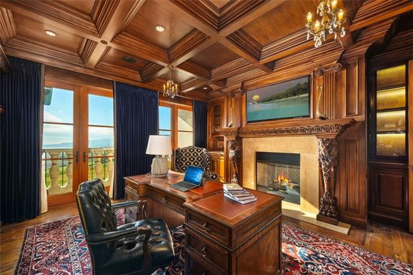 Chandelier, Fireplace, Home Office, Interior, Recessed Lighting, Wooden Beams, Wooden Ceilings, Wood Texture Flooring, Wooden Walls