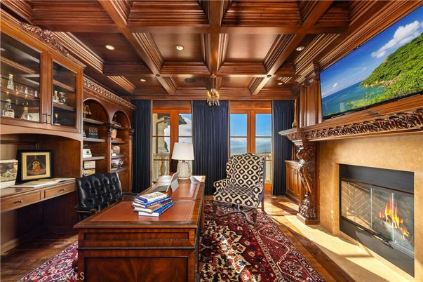 Fireplace, Home Office, Interior, Recessed Lighting, Wooden Beams, Wooden Ceilings, Wood Texture Flooring, Wooden Walls