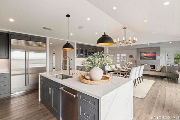 Dining room, Fireplace, Interior, Kitchen, Living room, Pendant Lights, Recessed Lighting, Stainless Steel Appliances, Wood Texture Flooring