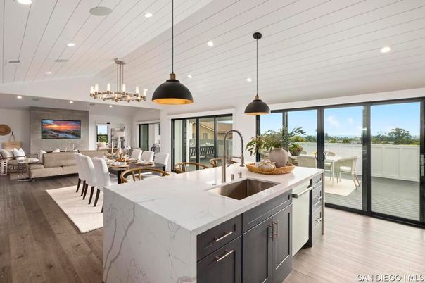 Dining room, Fireplace, Interior, Kitchen, Living room, Pendant Lights, Recessed Lighting, Wood Texture Flooring