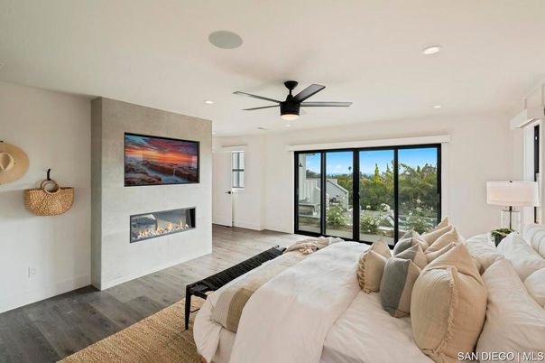 Bedroom, Fireplace, Interior, Recessed Lighting, Wood Texture Flooring