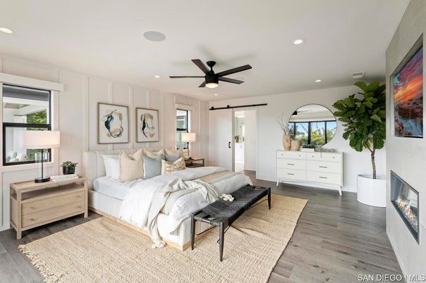 Bedroom, Fireplace, Interior, Recessed Lighting, Wood Texture Flooring