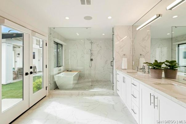 Bathroom, Dual Sink Vanities, Free Standing Baths, Glass Shower, Interior, Marble, Marble Walls, Recessed Lighting