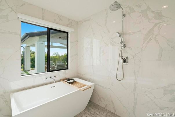 Bathroom, Free Standing Baths, Glass Shower, Interior, Marble Walls, Recessed Lighting