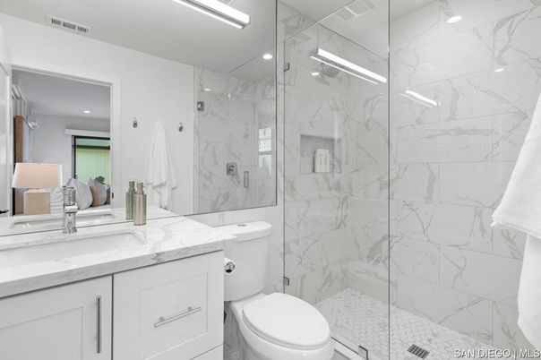 Bathroom, Glass Shower, Interior, Marble Walls, Recessed Lighting