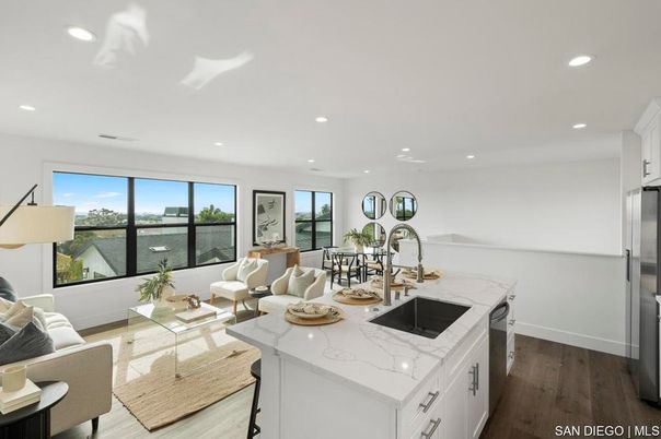 Dining room, Interior, Kitchen, Living room, Recessed Lighting, Water, Wood Texture Flooring