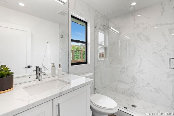 Bathroom, Glass Shower, Interior, Marble Walls, Recessed Lighting