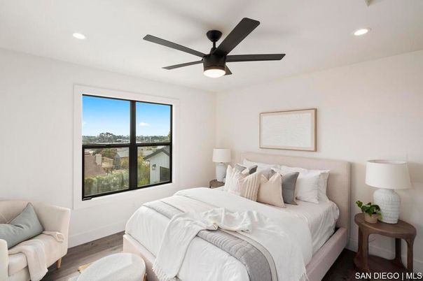 Bedroom, Interior, Recessed Lighting, Wood Texture Flooring