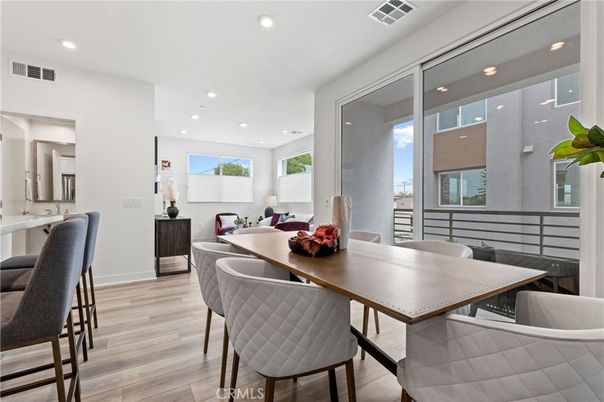 Dining room, Interior, Recessed Lighting, Wood Texture Flooring