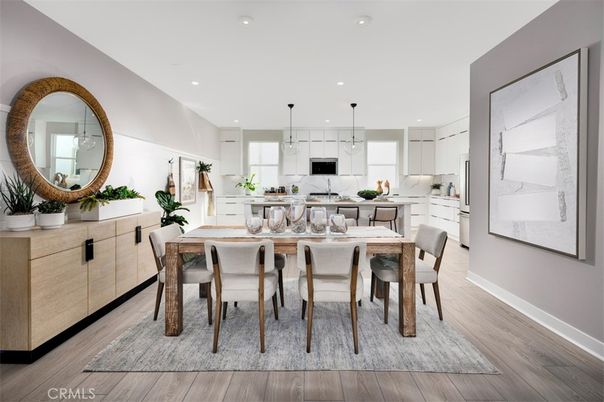 Dining room, Interior, Kitchen, Pendant Lights, Recessed Lighting, Stainless Steel Appliances, Wood Texture Flooring