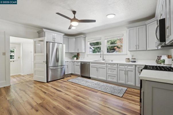 Interior, Kitchen, Recessed Lighting, Stainless Steel Appliances, Wood Texture Flooring