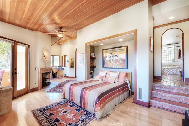 Bedroom, Fireplace, Interior, Recessed Lighting, Wooden Ceilings, Wood Texture Flooring