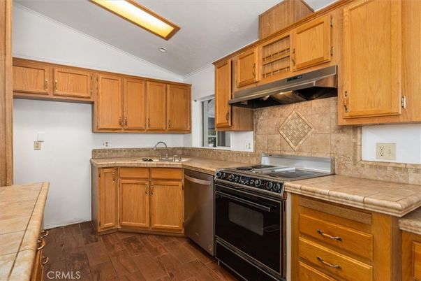 Interior, Kitchen, Tile Countertops, Wood Texture Flooring