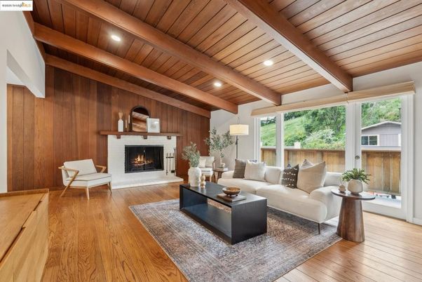 Fireplace, Interior, Living room, Recessed Lighting, Wooden Beams, Wooden Ceilings, Wood Texture Flooring, Wooden Walls