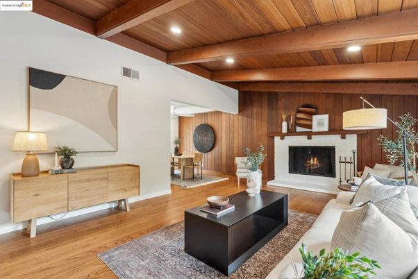 Fireplace, Interior, Living room, Recessed Lighting, Wooden Beams, Wooden Ceilings, Wood Texture Flooring, Wooden Walls