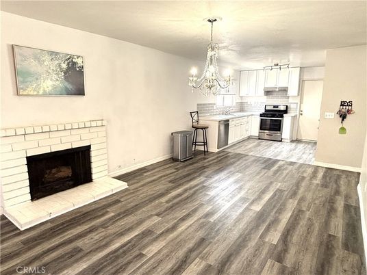 Chandelier, Fireplace, Interior, Kitchen, Wood Texture Flooring