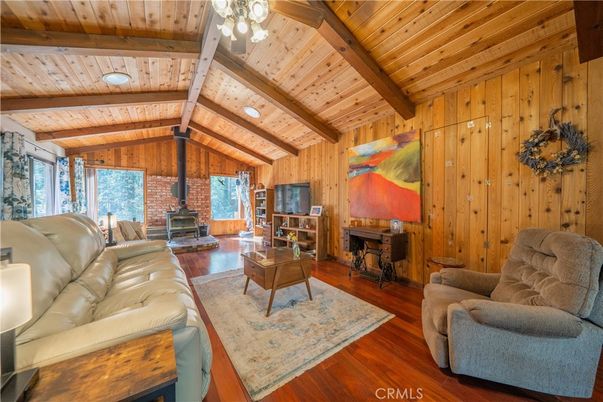 Fireplace, Interior, Living room, Recessed Lighting, Stone Walls, Wooden Beams, Wooden Ceilings, Wood Texture Flooring, Wooden Walls