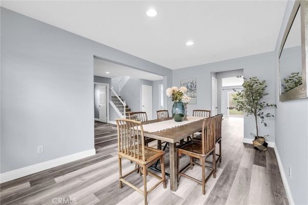 Dining room, Interior, Recessed Lighting, Wood Texture Flooring