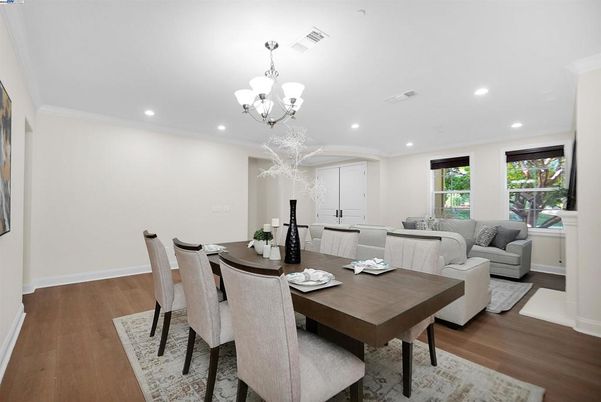 Chandelier, Dining room, Interior, Living room, Recessed Lighting, Wood Texture Flooring