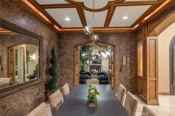 Dining room, Fireplace, Interior, Pendant Lights, Recessed Lighting, Wooden Beams