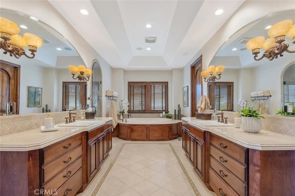 Bathroom, Chandelier, Dual Sink Vanities, Interior, Recessed Lighting